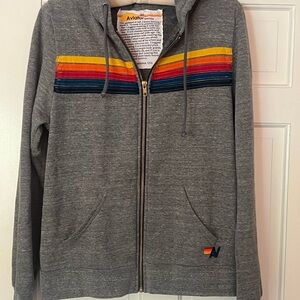 Aviator Nation Gray Zip-Up Sweater with Colorful Stripes